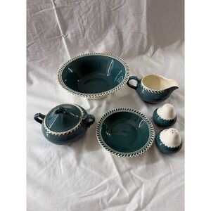 Vintage Harker Pottery Pate sur Pate Teal Green Tea Set Bowls Shakers 6pc